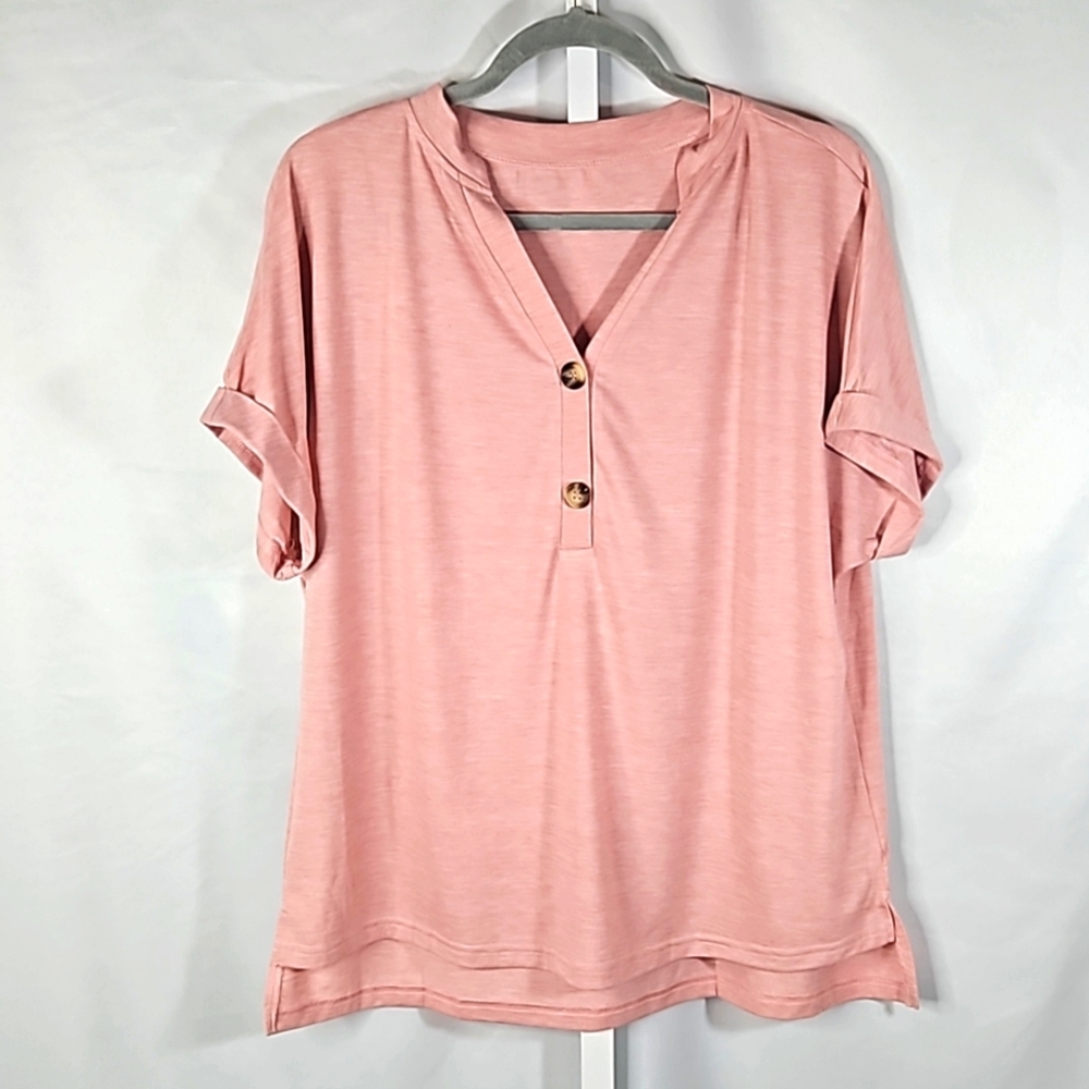 Source Unknown Soft Pink V-Neck Button Short Sleeve Top